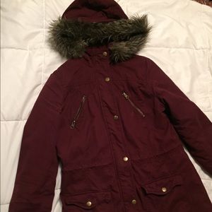 Burgundy puffer jacket!